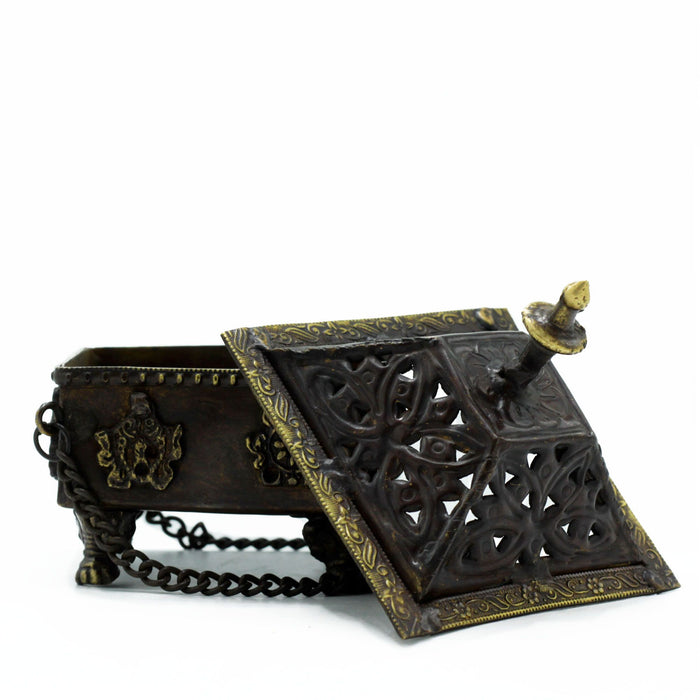 Brass Tibetan Burner - Square Hanging Pot, Eight Symbols