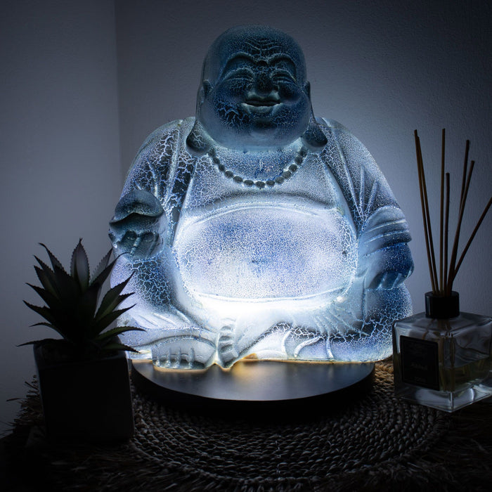 Buddha Glow Lamp - Laughing,  Sky Blue Crackle