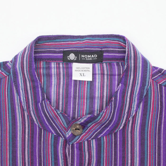 Striped Cotton Grandad Shirt - Black Purple (XL)