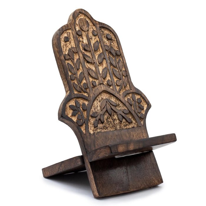 Handgeschnitzter Mangoholz-Handyständer – Hamsa