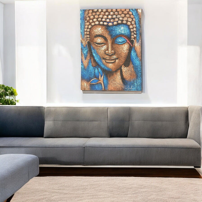 Painted Canvas - Buddha, Bronze & Blue Flower