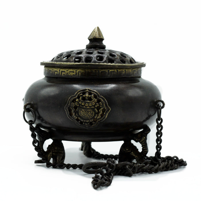 Large Brass Tibetan Incense Burner - Hanging Pot, Four Symbols