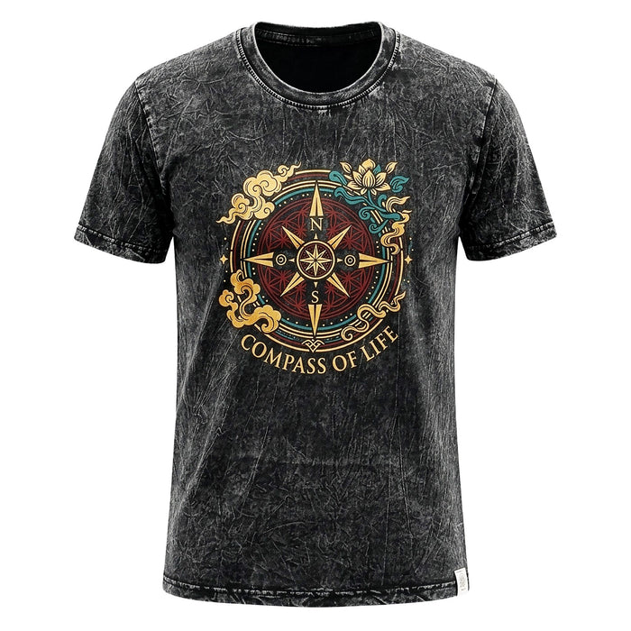 Baumwoll-T-Shirt im Stonewashed-Look – Kompass des Lebens, Anthrazit (Größe L)