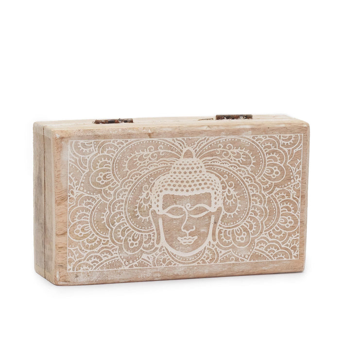 Mittlere rechteckige Holzschatulle - Buddha-Gesicht, gekalkt