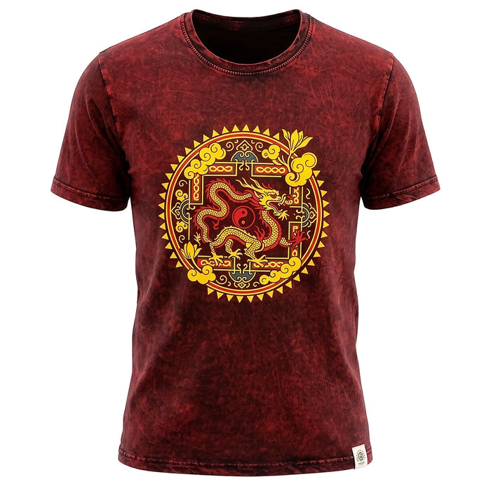 Stonewashed Baumwoll-T-Shirt – Drachen-Mandala, Bordeaux (XL)