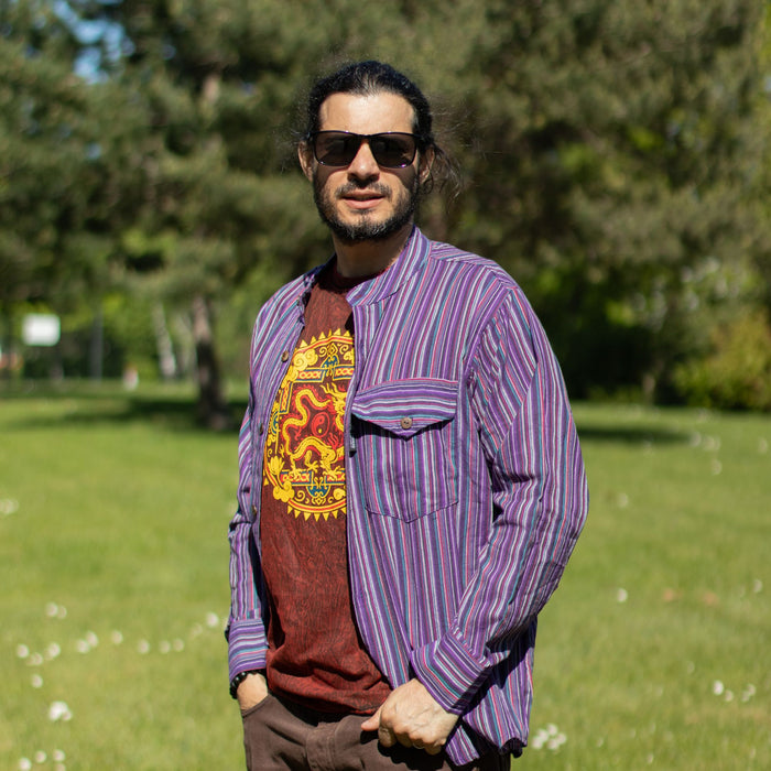 Striped Cotton Grandad Shirt - Black Purple (Large)