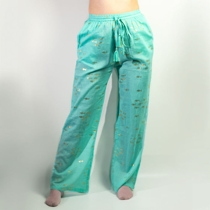 Baumwoll-Freizeithose (L/XL) – Goldfische, Türkis