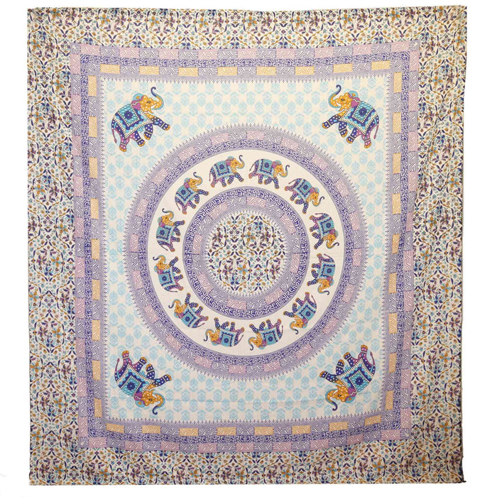 Wandbehang / Überwurf - Elefanten-Mandala, Türkis/Blau auf Creme