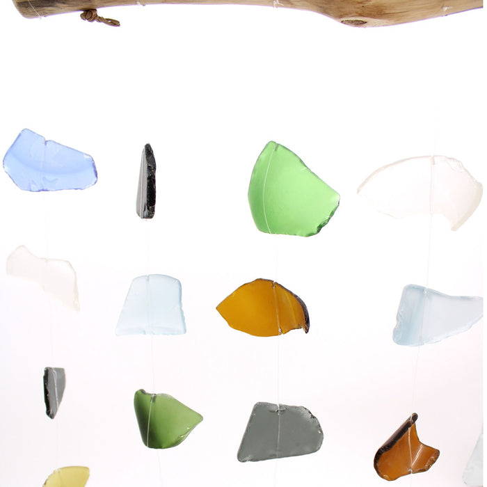 Windspiel aus Glas und Treibholz – 5 Schnüre, mehrfarbig
