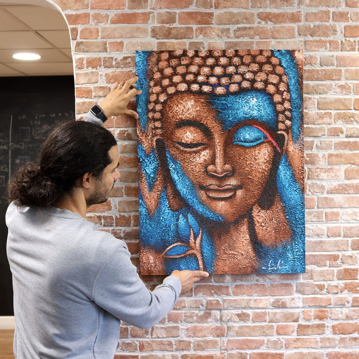 Bemaltes Leinwandbild – Buddha, blau-goldene Blume