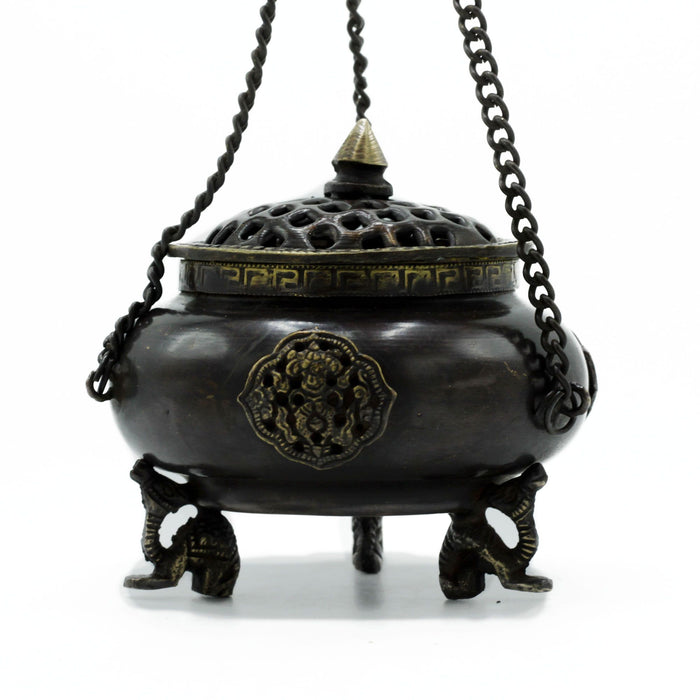 Large Brass Tibetan Incense Burner - Hanging Pot, Four Symbols