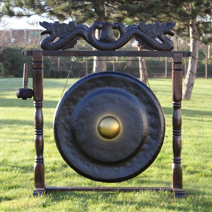 Großer Gong auf antikbraunem Ständer - Schwarz 80cm