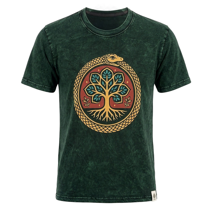 Stonewashed-Baumwoll-T-Shirt – Baum des Lebens, Grün (Large)