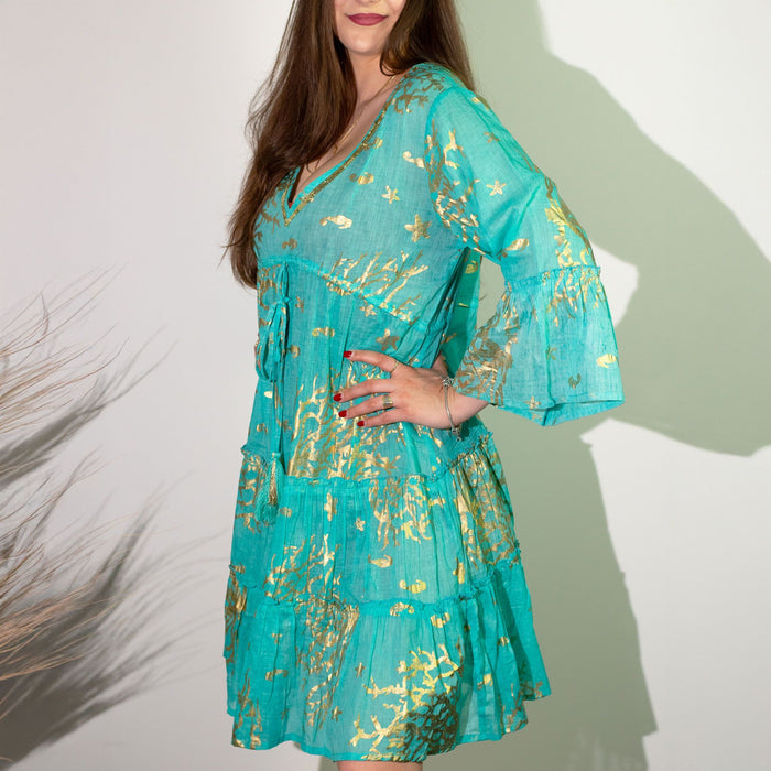Baumwoll-Printkleid (M/L) - Koralle, Türkis & Gold