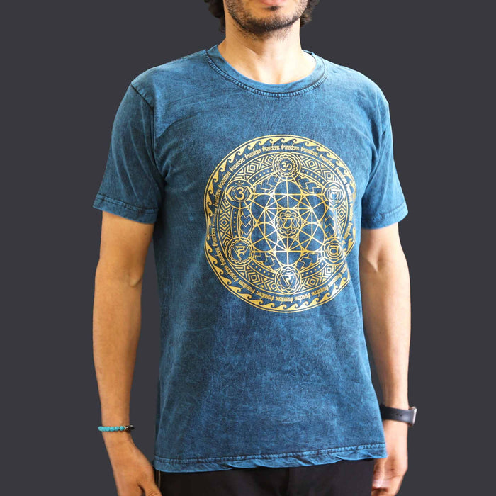 Stonewashed Baumwoll-T-Shirt – Chakra, Blau (Mittel)