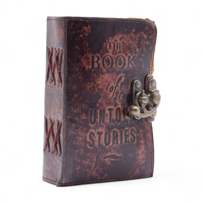 Leder Notizbuch – Das Buch der ungesagten Geschichten, Büttenrand (15x10cm)