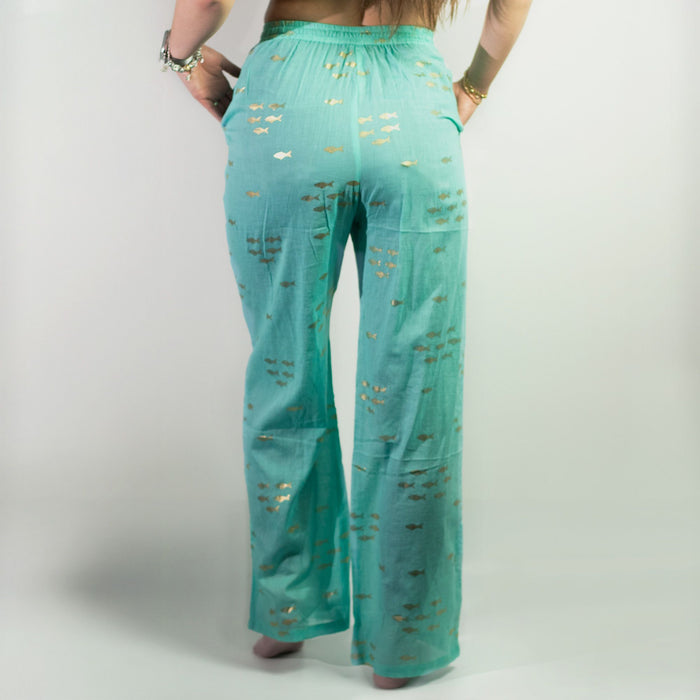 Baumwoll-Freizeithose (L/XL) – Goldfische, Türkis