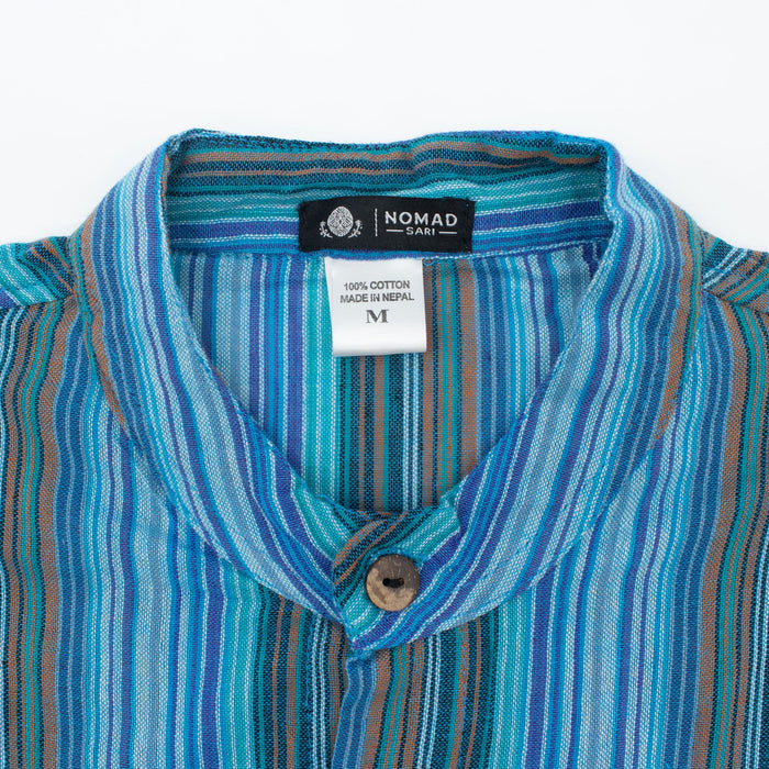 Striped Cotton Grandad Shirt - Turquoise (Large)
