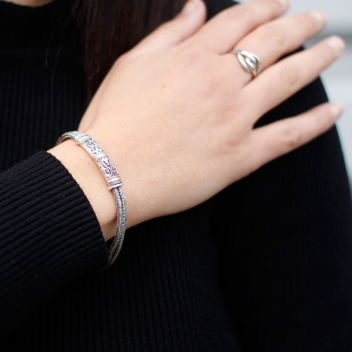 Armband aus Sterlingsilber und 750er Gold – Doppelgliederkette, Schnörkel