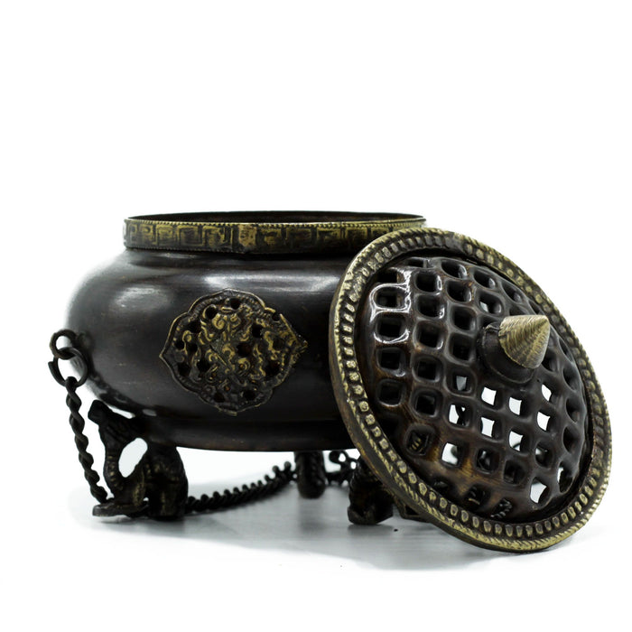 Large Brass Tibetan Incense Burner - Hanging Pot, Four Symbols