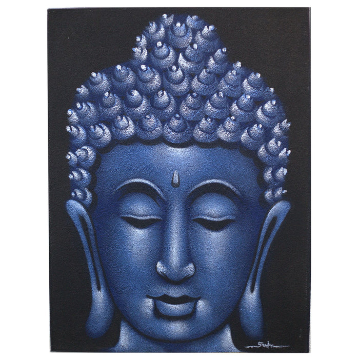 Bemaltes Leinwandbild – Blauer Buddha-Kopf, Sand-Finish