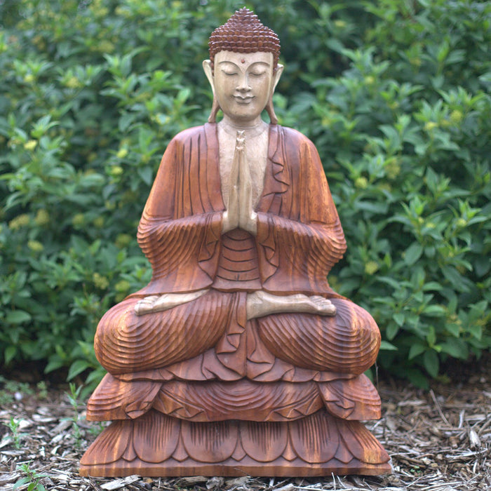 Carved Wood Buddha Statue, Welcome - 80cm