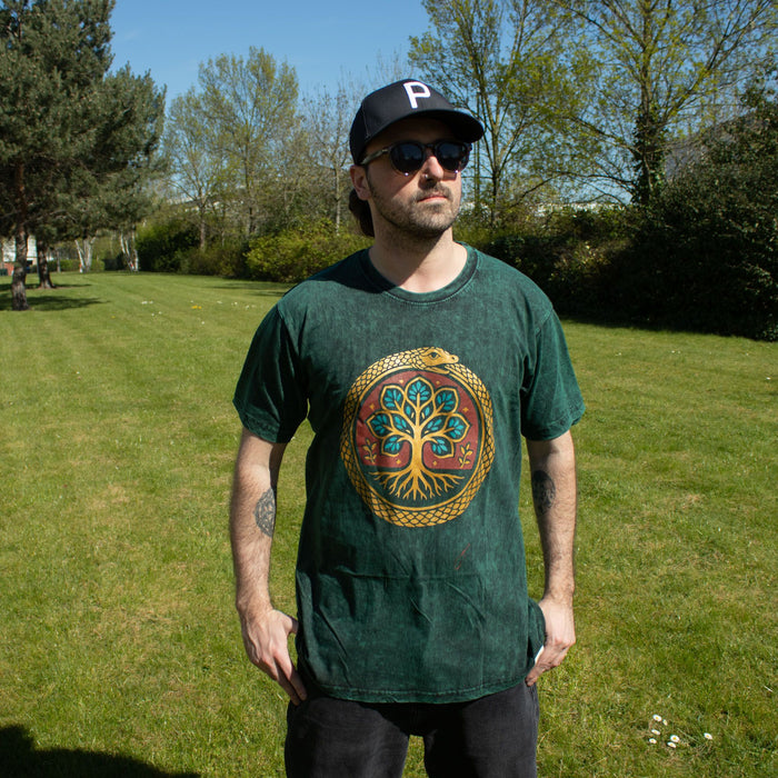 Stonewashed-Baumwoll-T-Shirt – Baum des Lebens, Grün (Large)