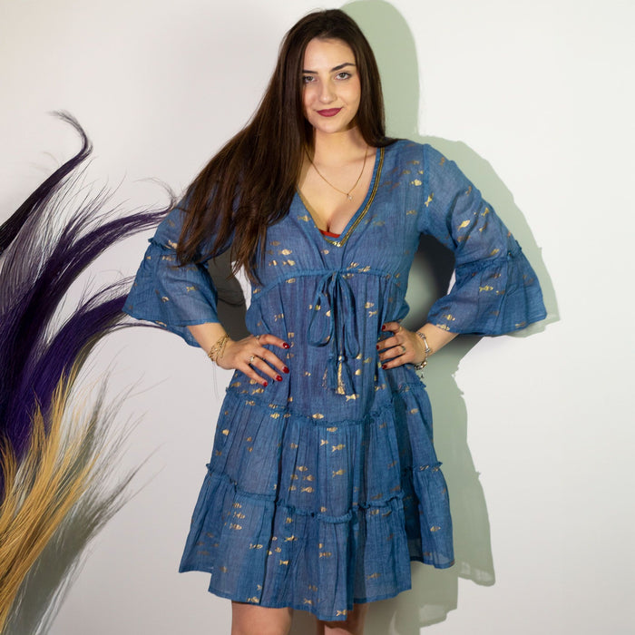 Baumwoll-Printkleid (M/L) – Goldfische, Blau