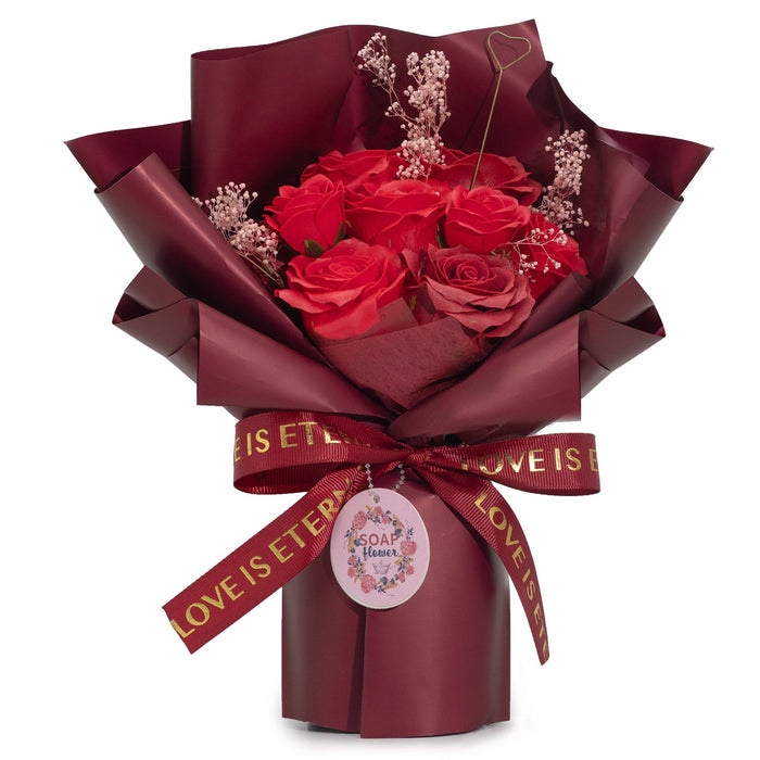 Seifenblumenstrauß mit Geschenkkarte – Rote Rosen – „Liebe ist ewig“