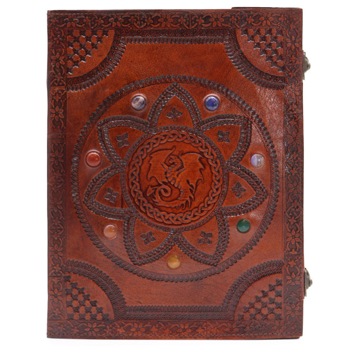 Riesiges Leder-Grab-Buch – Chakra-Steine & Drachen-Mandala (33x25cm)