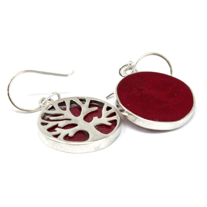 Sterling Silver & Coral Effect Earrings - Tree of Life