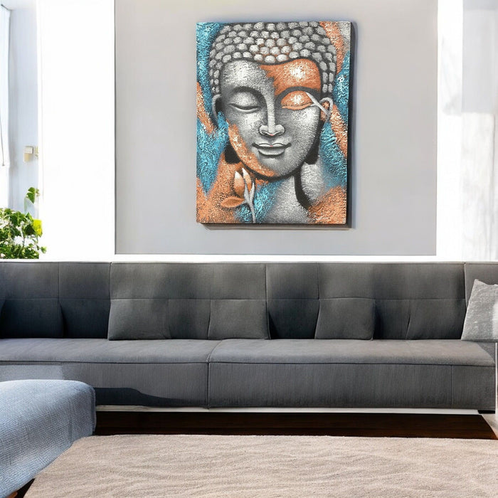 Painted Canvas - Buddha, Silver & Rose Gold Flower
