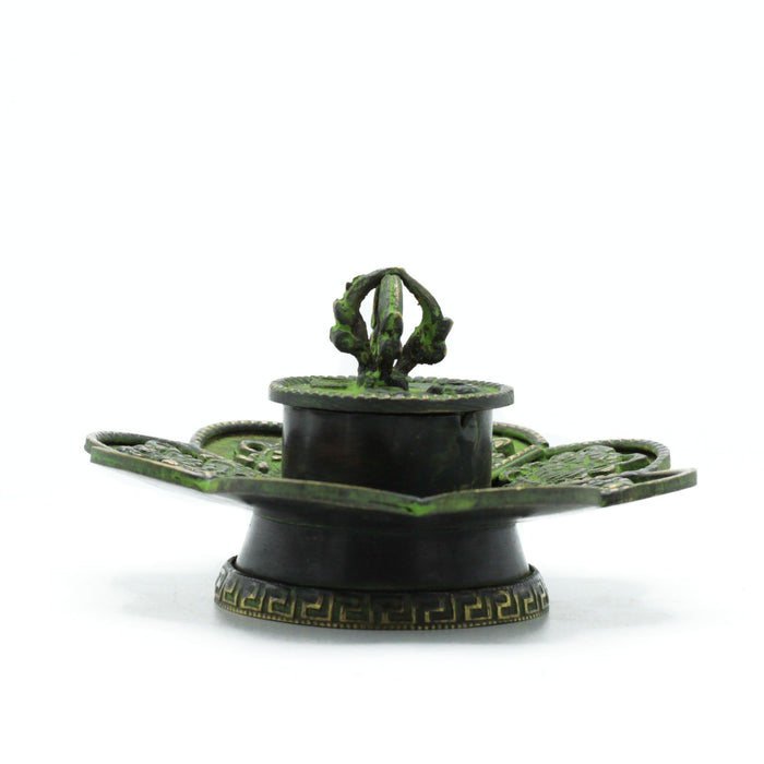 Verdigris Brass Tibetan Incense Cone & Stick Holder - Eight Symbols