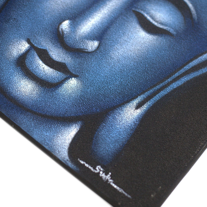 Bemaltes Leinwandbild – Blauer Buddha-Kopf, Sand-Finish