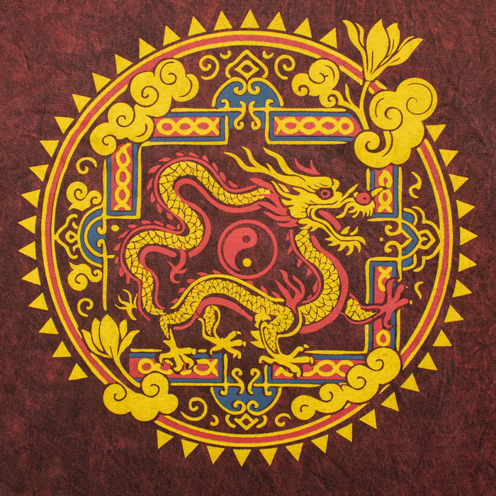 Stonewashed Baumwoll-T-Shirt – Drachen-Mandala, Bordeaux (XL)