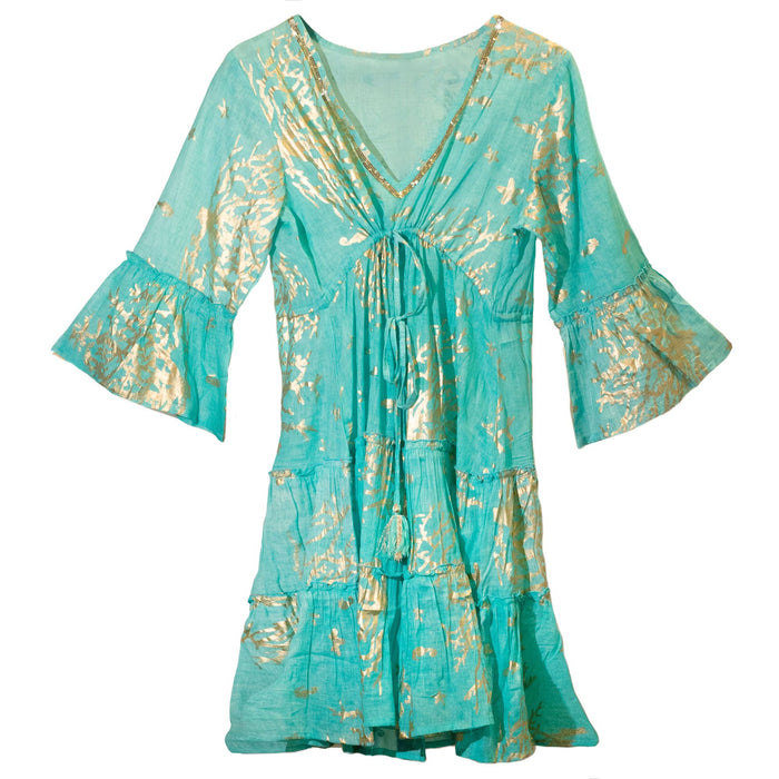 Baumwoll-Printkleid (M/L) - Koralle, Türkis & Gold