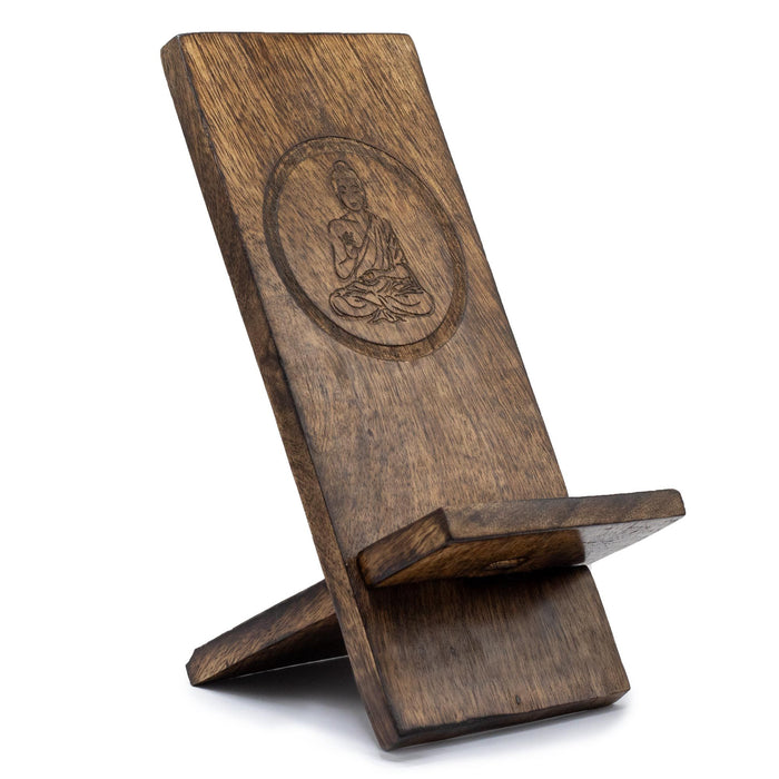 Handgeschnitzter Mango-Holz-Handyständer - Buddha