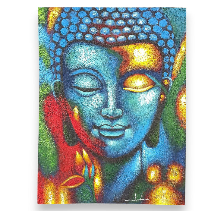Bemaltes Leinwandbild – Buddha, blau-goldene Blume