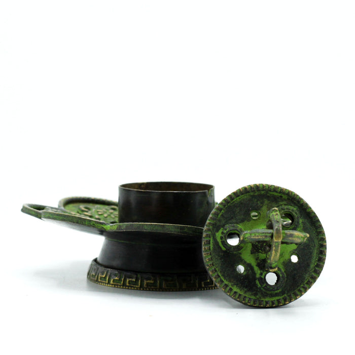 Verdigris Brass Tibetan Incense Cone & Stick Holder - Eight Symbols