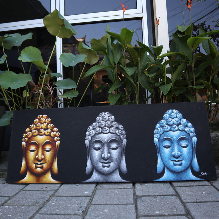 Bemalte Leinwand - Drei Buddha-Köpfe, Schwarz