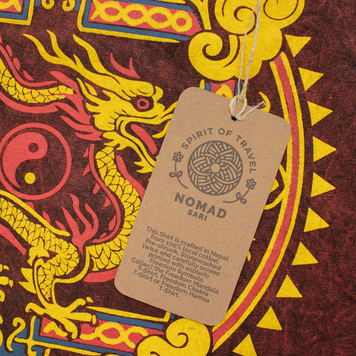 Stonewashed Baumwoll-T-Shirt – Drachen-Mandala, Bordeaux (XL)