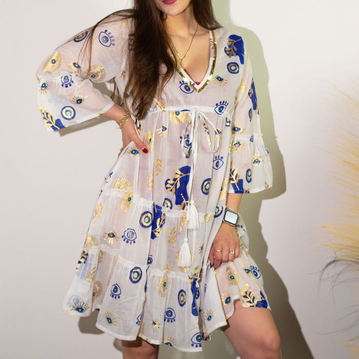 Baumwolldruckkleid (L/XL) – Böser Blick, Weiß mit Blau & Gold