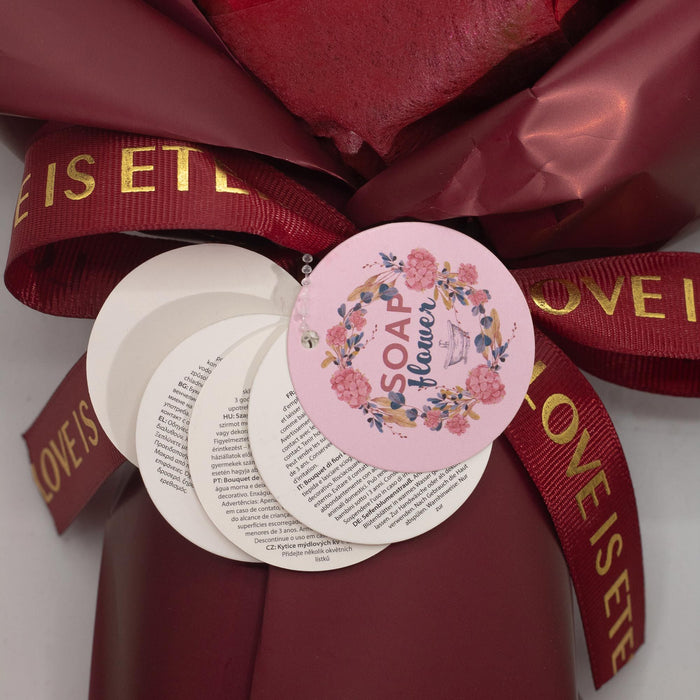 Seifenblumenstrauß mit Geschenkkarte – Rote Rosen – „Liebe ist ewig“