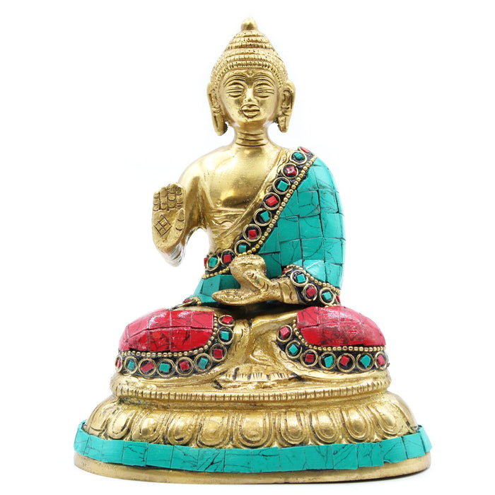 Figur eines Buddhas aus farbigem Stein und Messing – Segen
