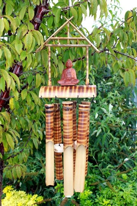 Natürliches Bambus-Windspiel - Brauner Buddha, 6 gestreifte Röhren
