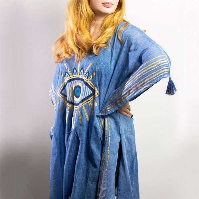 Baumwollkaftan – Böser Blick, Blau & Gold
