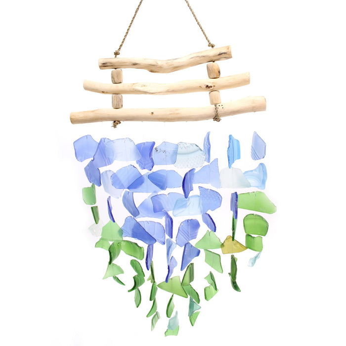 Windspiel aus Glas und Treibholz – 3 Stäbe, Blau & Grün