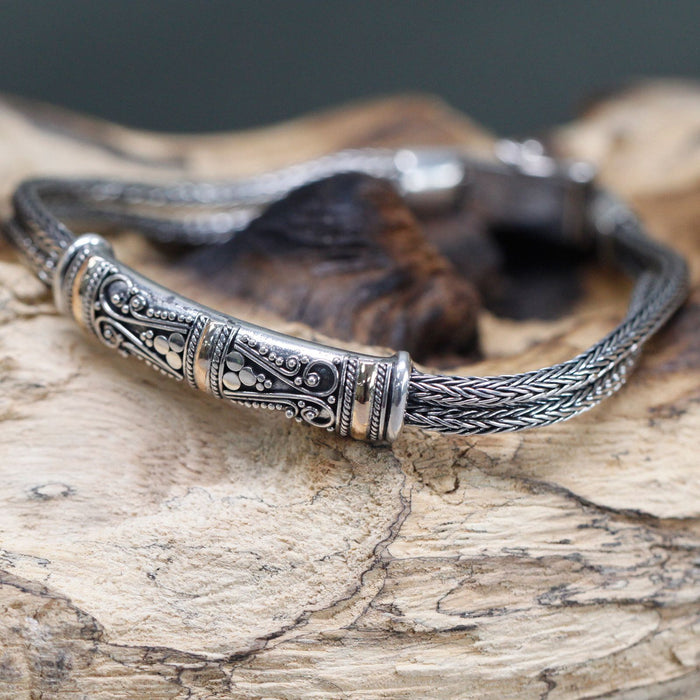 Armband aus Sterlingsilber und 750er Gold – Doppelgliederkette, Schnörkel