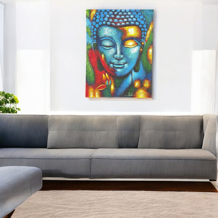 Bemaltes Leinwandbild – Buddha, blau-goldene Blume