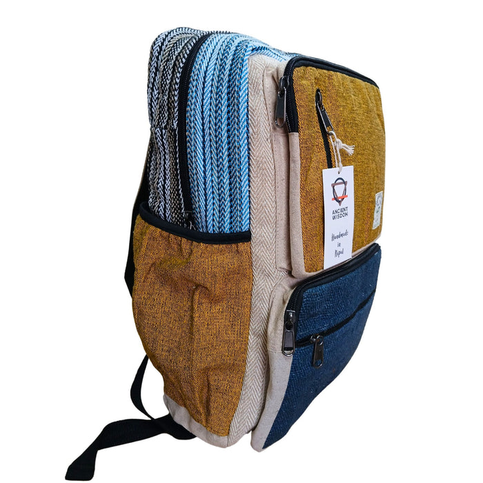 Großer, kastenförmiger Hanfrucksack – Petrol & Kurkuma